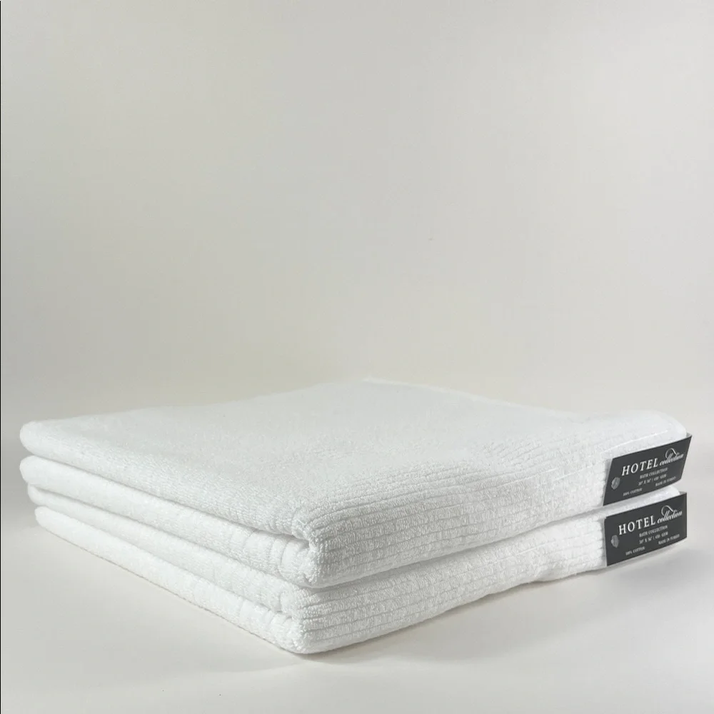 Hotel Collection Bath Towels Plush White Ribbed Turkish Cotton Set of 2 NEW